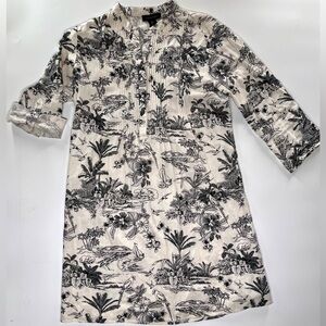 Tahari Cream Linen Shirt Dress Black Floral Print Small Shift Dress